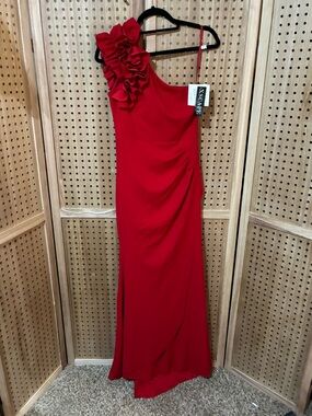 Xscape Red One-Shoulder Ruffle Evening Gown